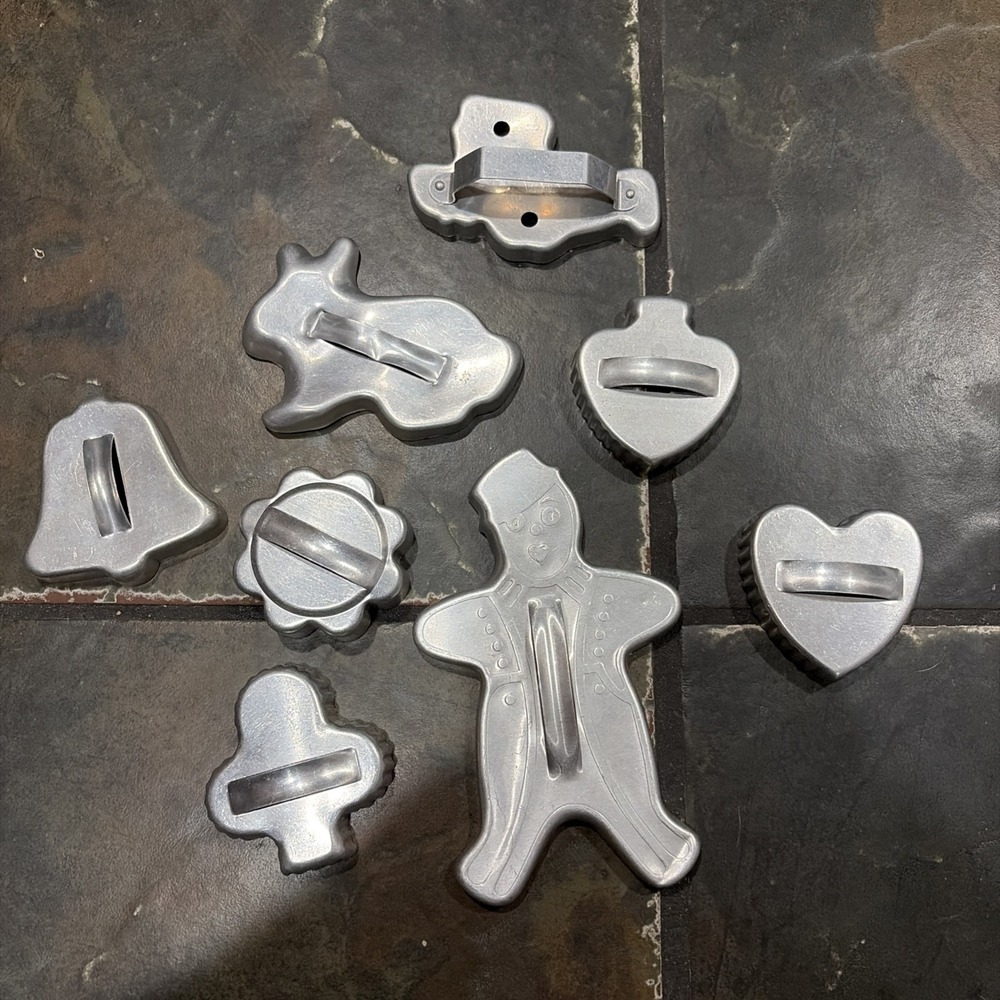 8 Vintage Aluminum Crinkle Cookie Cutters Heart Gingerbread Bunny Bell Clover